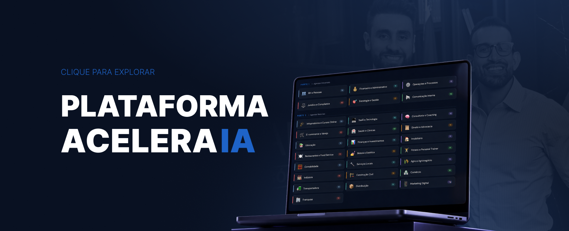 Banner da plataforma Acelera IA mostrando categorias de agentes de IA
